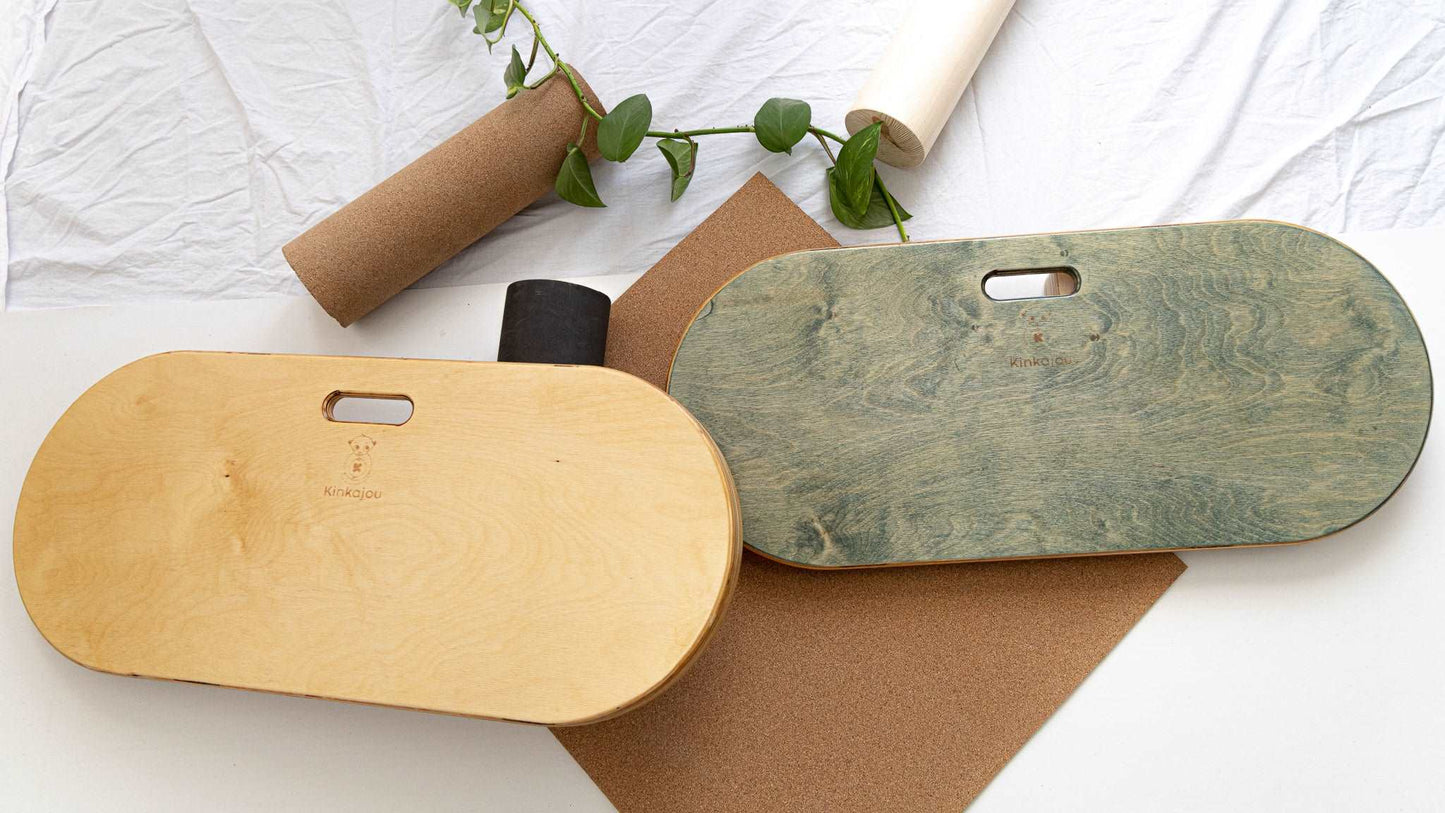 Wood color and navy blue balance board