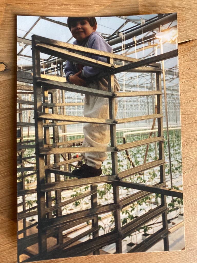A little boy is climbing a plant storage rack in a glass house. He is smiling.